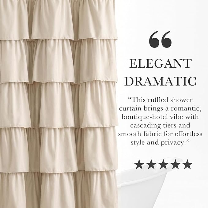 Seasonwood Small Beige Ruffle Shower Curtain Natura Farmhouse Vintage Handcrafted Rustic Decorative Fabric Shower Curtains for Bathroom, 36"x72"