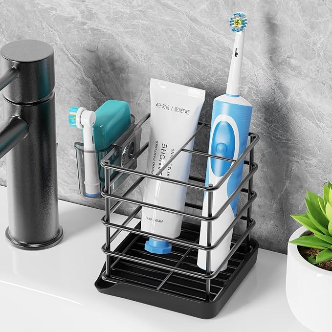 Toothbrush Holders for Bathrooms, Stainless Steel Toothbrush and Toothpaste Holder, Kids Electric 3 Slots Tooth Brushing Holder Stand for Bathroom Accessories Organizer with Tray, Black