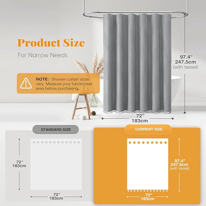 BTTN 72x96 Shower Curtain - Extra Long Boho Tufted Leaves Textured Striped Tassel Shower Curtain Set with 12 Hook, Modern Farmhouse Vintage Country Aesthetic Shower Curtains for Bathroom, Grey/Gray