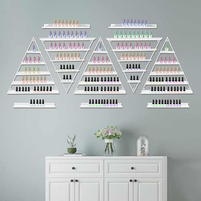 10PCS Triangular Wall-Mounted Nail Polish Racks, White 5-Tier Nail Polish Shelves, Heavy-Duty Cosmetic Display Cases with Raised Edges for Nail Salon, Home, Shop Use