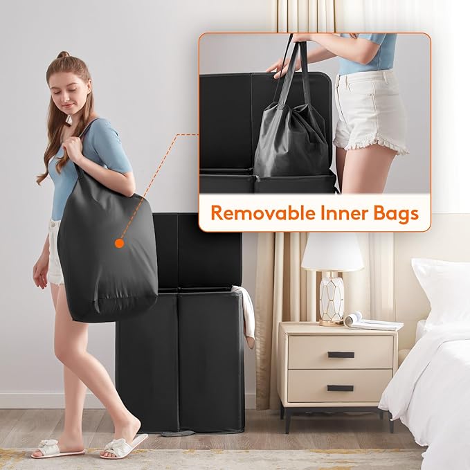 Lifewit 136L Double Laundry Hamper with Lid and Removable Laundry Bags, Large Divided Hamper, Collapsible 2 Section Laundry Basket with Handles for Bedroom, Bathroom, College Dorm, Laundry Room, Black