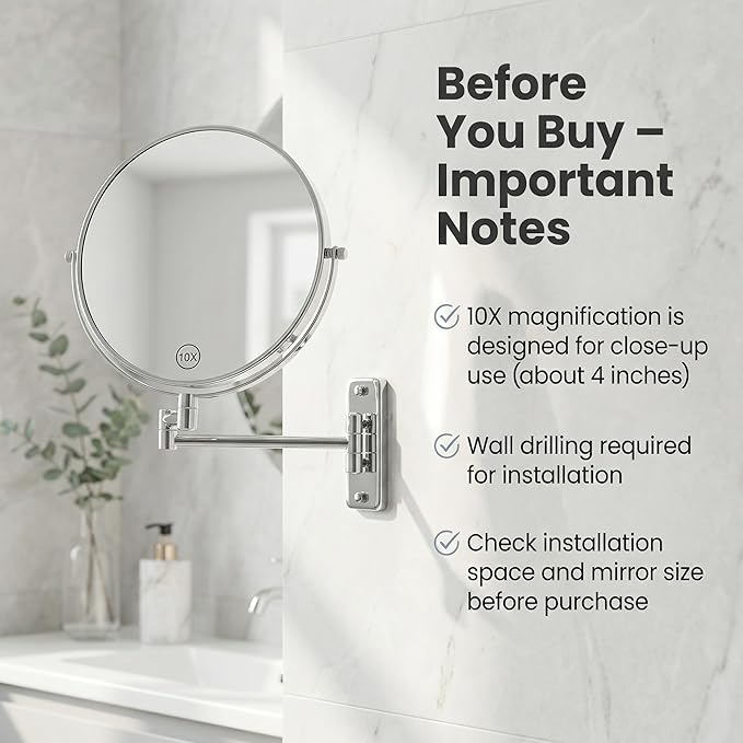 8 inch Wall Mounted Makeup Mirror, 1X/10X Magnifying Double-Sided Wall Mount Shaving Mirror (Close-Up 10X) with Extendable Arm, 360° Swivel for Bathroom Vanity, Chrome (No Light)