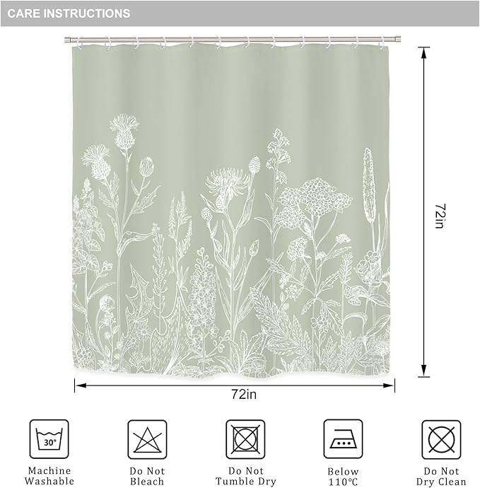 Riyidecor Sage Green Floral Wildflower 4Pcs Bathroom Shower Curtain Sets Vintage Botanical Leaves Bathroom Decor Set with Rugs and Accessories Rustic Toilet Lid Rug, Contour and Bath Mat with 12 Hooks
