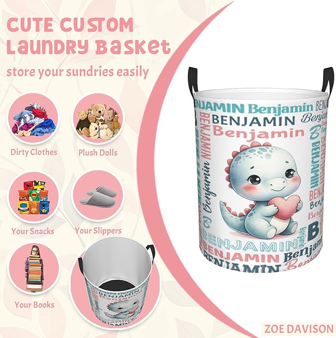 Custom Dinosuar Laundry Baskets, Personalized Dinosaur Gifts with Customized Name, Collapsible Laundry Hamper for Kids Adults Home Decoration,16.5 X 13.8in