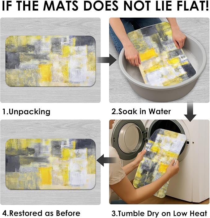 Britimes 4 Piece Shower Curtain Sets with 12 Hooks, Yellow Gray White with Non-Slip Rugs, Toilet Lid Cover and Bath Mat for Bathroom Decor Set 72" x 72"
