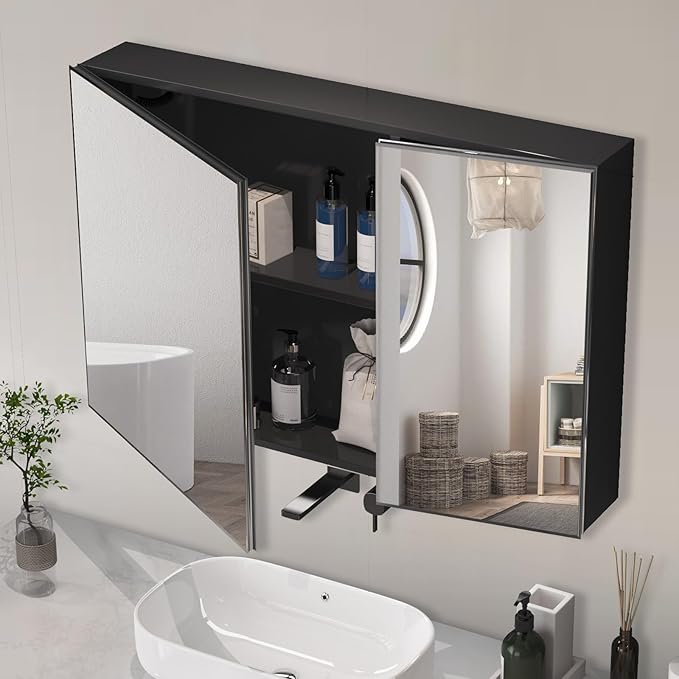 24x32 Inch Bathroom Medicine Cabinet with Mirror, Pre-Assembled Bathroom Medicine Cabinets, Surface/Recessed Wall Mounted Farmhouse Large Medicine Cabinet, Black