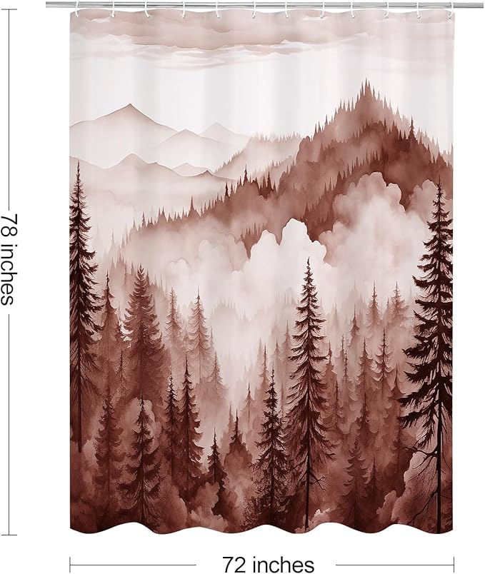 Burgundy Long Misty Pine Forest Shower Curtain 72 x 78, Mountain Foggy Woodland Scenery Tree 78 Inch Long Shower Curtains for Bathroom, Abstract Waterproof Nature-Themed Decor