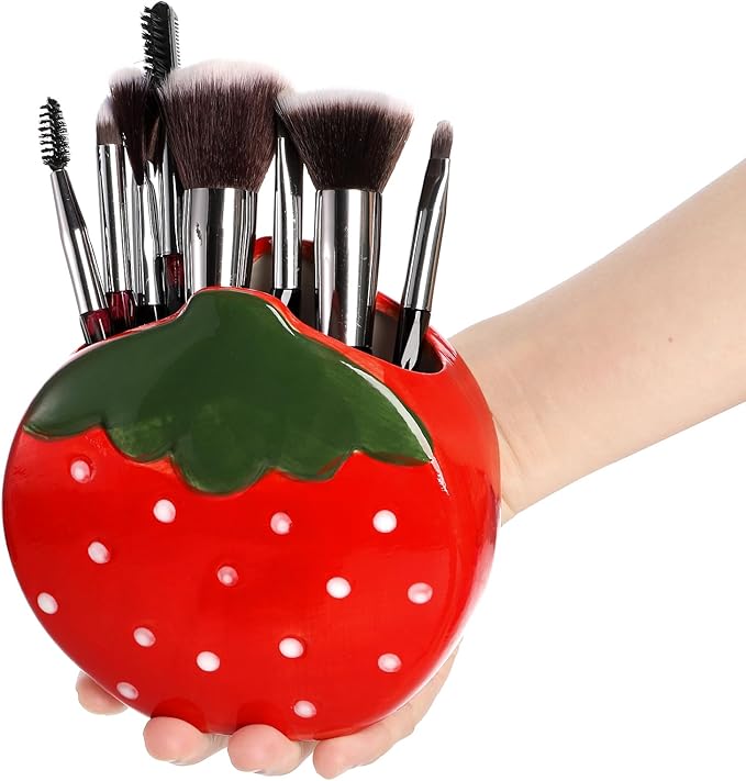 Okllen Set of 2 Ceramic Cute Makeup Brush Holders, Kawaii Strawberry Pen Holder Pink&Red for Desk, Cute Office Home Vanity Decor, Gift for Women Girls