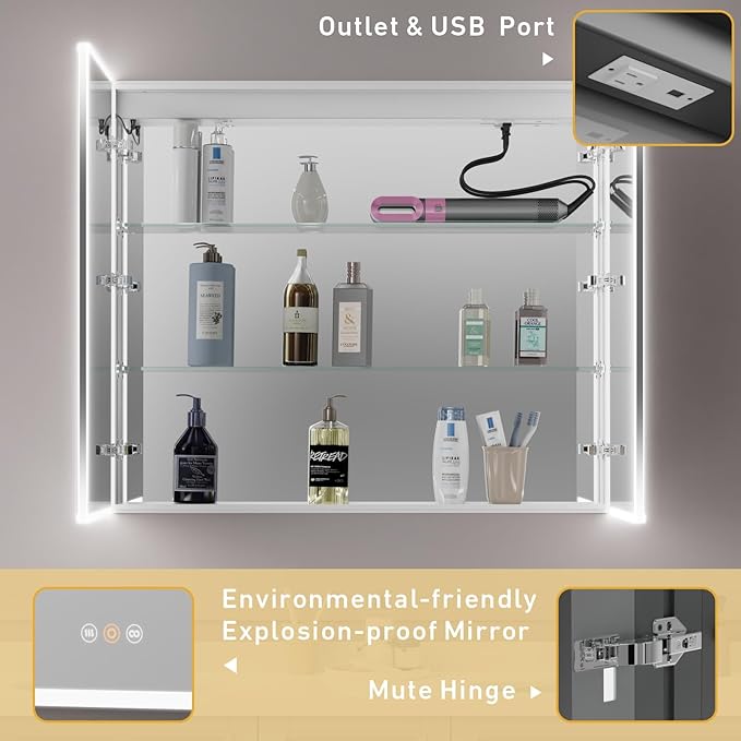 Recessed Medicine Cabinets for Bathroom with Mirror, Only Recessed Medicine Cabinet with Defogger, Dimmer, Outlets & USB, Three Doors, 42"x 36"