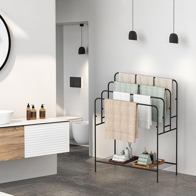 44" Extra Large Free Standing Towel Rack - 4 Tier Outdoor Pool Towel Holder, Versatile Blanket and Quilt Rack Stand for Living Room, Bathroom, Bedroom, Beach, Hot Tub, Gym and Pool Area Outside