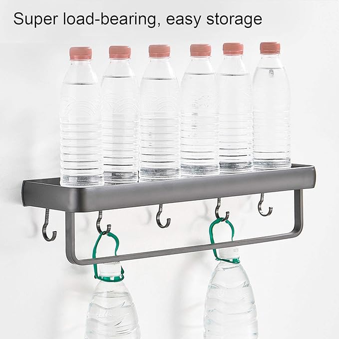 CDQL Bathroom Shelf, Space Aluminum, Wall Mounted, Hollow Storage Rack, Heavy Duty, Spacious Countertop Design Basket Organizer for Home (Single Layer with Rod with 5 Hooks)