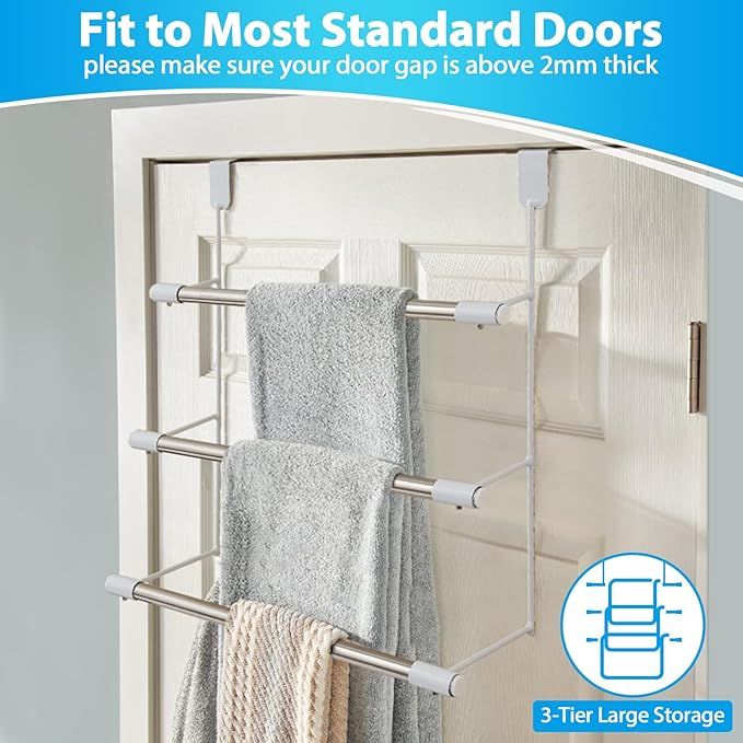 Over The Door Towel Racks for Bathroom, No-Drill Behind Door Organizer, 3-Tier Metal Towel Holder, Glass Shower Room Door Hanger Towel Bar for Hanging, Drying, Renter Friendly Space Saver, Anti-Rust