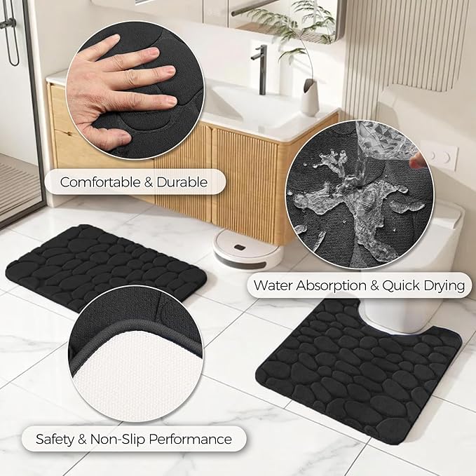 Bathroom Accessories Set - Black Bathroom Set with Shower Curtain and Rugs, Trash Can, Toilet Brush with Holder, Soap Dispenser, Toothbrush and Toothpaste Holder, Cup, Soap Dish, Qtip Holders, Hooks