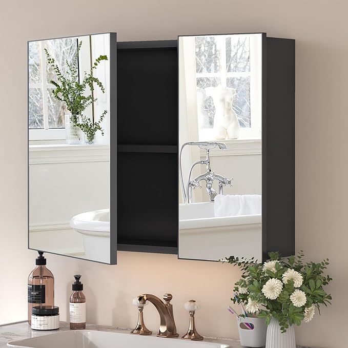 24x32 Inch Bathroom Medicine Cabinet with Mirror, Pre-Assembled Bathroom Medicine Cabinets, Surface/Recessed Wall Mounted Farmhouse Large Medicine Cabinet, Black