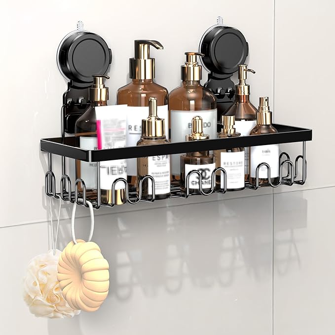 JOTPE Shower Caddy Suction Cup, Powerful Suction Storage Shelf Holds Up to 40 lbs, No Drilling Bathroom Organizer with Large Capacity, Removable & Reusable Shower Basket with Hooks, Rustproof, Black