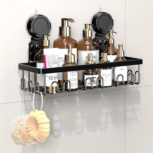 JOTPE Shower Caddy Suction Cup, Powerful Suction Storage Shelf Holds Up to 40 lbs, No Drilling Bathroom Organizer with Large Capacity, Removable & Reusable Shower Basket with Hooks, Rustproof, Black
