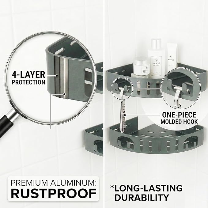 Adhesive Corner Shower Shelf No Drill | Rust-Proof Aluminum Alloy Stick On Bathroom Organizer with Shaving Holder for Shampoo, Conditioner, Soap, Razors Grey 2 Pack