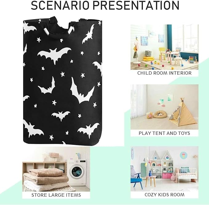 CaTaKu Bats Star Black Baby Laundry Baskets Collapsible, Large Tall Clothes Hampers for Kids Laundry Room Organizer Foldable Storage Bins with Handles