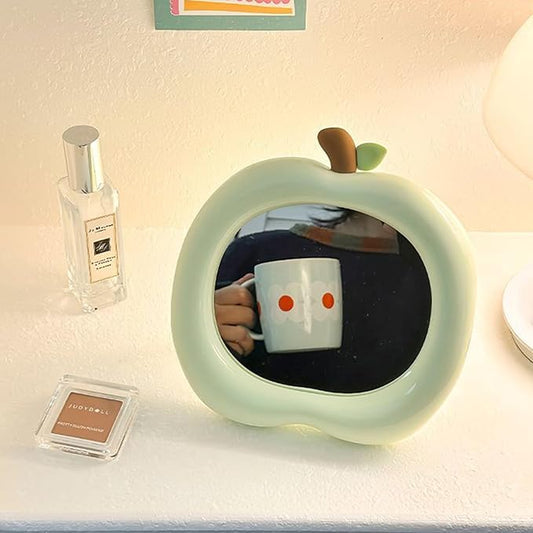 Apple Shaped Makeup Mirror - 6.22x6.3 Inch Portable Vanity Mirror with Stand, Cute Desk Decor for Bedroom, Bathroom & Office (Green)