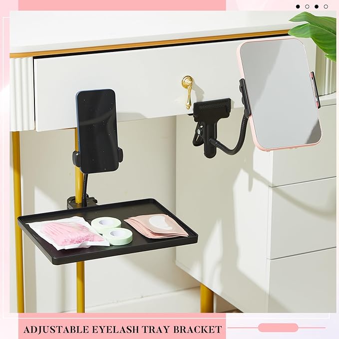 Saillong Adjustable Lash Tray Holder for Ring Light Tray 10.6" x 8" Lash Trays Organizer with Phone Holder, Makeup Mirror and Mirror Clip for Salon or Home Use Eyelash Extensions Supplies