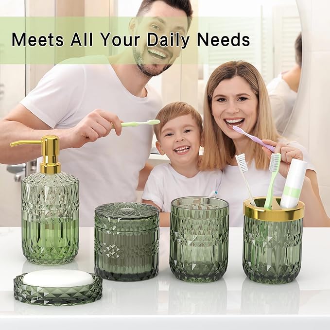 QIQU Green Glass Bathroom Accessories Set 5 Pcs, Green Bathroom Set, Soap Dispenser and Toothbrush Holder Set, Qtip Holder Set, Vintage Bathroom Sink Set, Cute Bathroom Decor