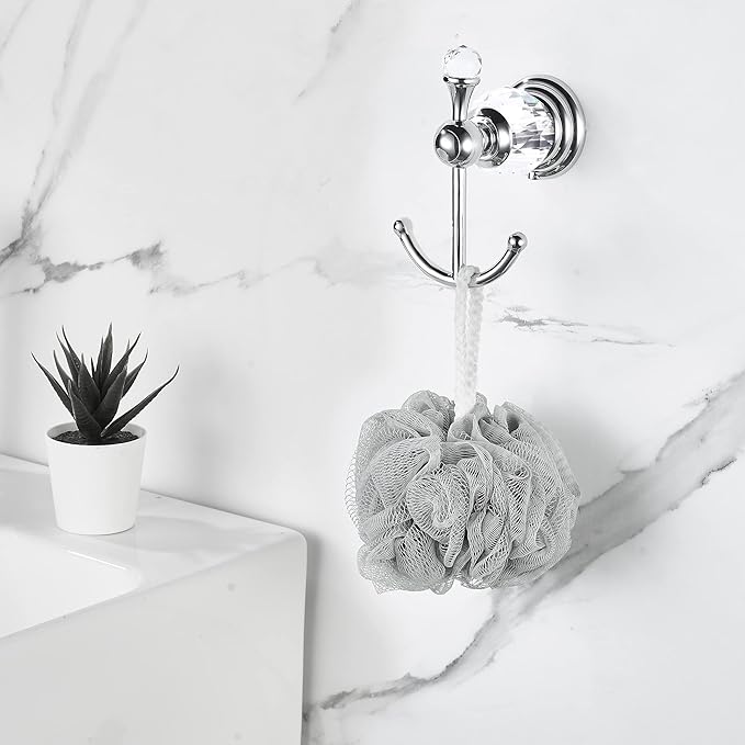 WINCASE Crystal Towel Hook Chrome, Bath Robe Hook, Silver Bathroom Wall Hooks Double for Coats Wall Mounted Modern Style