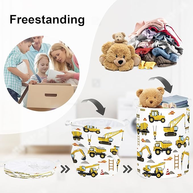 Cars Laundry Hamper Cartoon Vehicle Large Storage Basket Collapsible Parents Organizer Boy Toy Clothes Bins for Bedroom, Bathroom, Engineering, 63L