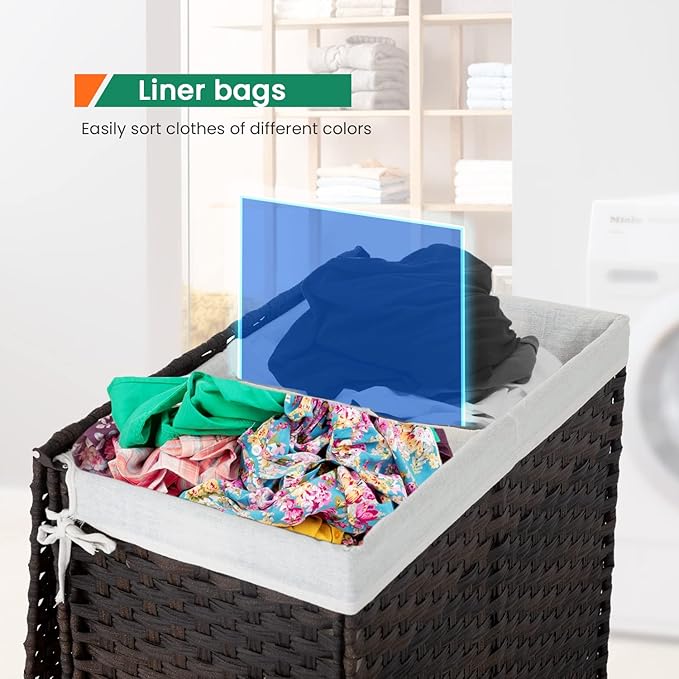 Paylesshere Laundry Basket Handwoven Laundry Hamper 90L/110L Foldable Rattan Hamper With Lid,2 Removable Liner Bags & 6 Laundry Bags,Clothes Hamper Bathroom Laundry Basket,Brown