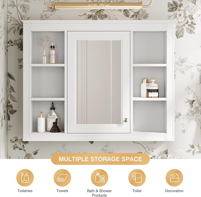 Merax 35''L Bathroom Medicine Storage Cabinet with Mirror Doors, Modern Wall Mount Toilet Toilet Organizers with 6 Open Shelves, White