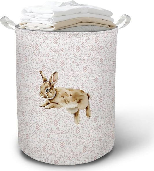 Pink Floral Bunny Laundry Basket Hamper, Bunny Nursery Decor, Pastel Wildflower Rabbit Foldable Clothes Toys Books Storage Box Bins Baskets Organizer for Girls Kids Bedroom Bathroom