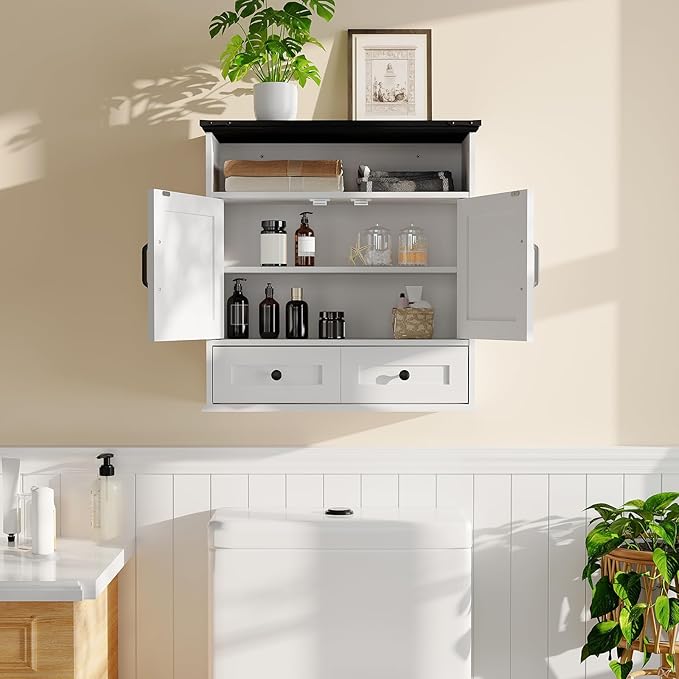 Farmhouse Wall Mounted Medicine Cabinet with Adjustable Shelves, Double Barn Doors & Removable Drawer - Rustic Bathroom Over The Toilet Storage Cabinet for Bathroom, Kitchen, Hallway