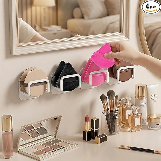 4pcs Adhesive Powder Puff Holder, No-Drill Wall Mounted Makeup Sponge Organizer, Bathroom Beauty Sponges Holder for Various Powder Puffs - Saves Counter Space (4.5 * 3.5 * 4.3cm)(White)