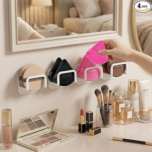 4pcs Adhesive Powder Puff Holder, No-Drill Wall Mounted Makeup Sponge Organizer, Bathroom Beauty Sponges Holder for Various Powder Puffs - Saves Counter Space (4.5 * 3.5 * 4.3cm)(White)