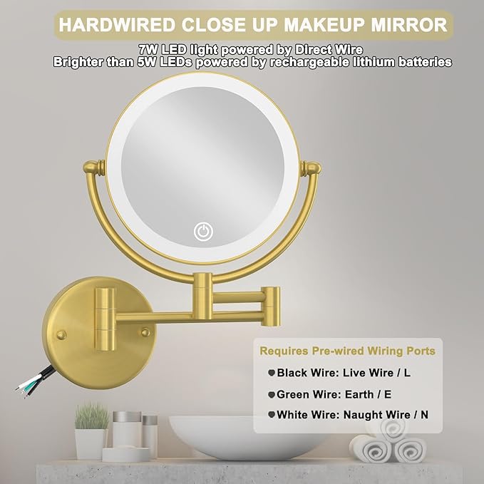 Make up Mirror Wall Mounted Lighted 10X Magnifying, 8" Double Sides 3 Color Lighting Touch Dimming, 360 Swivel Extended Arm Shaving Light up Mirror Hard Wired for Bathroom, Brushed Gold