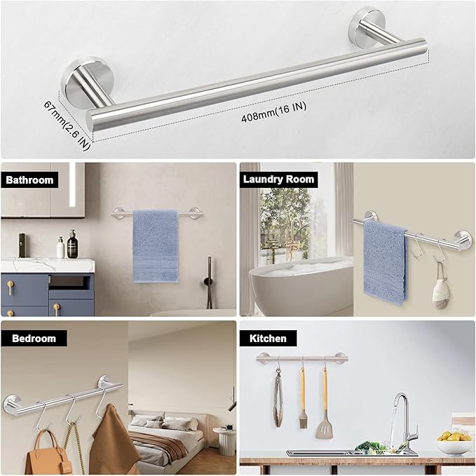 Livabber Bath Towel Bar, 304 Stainless Steel Towel Rack, Heavy Duty Towel Holder Wall Mounted for Bathroom/Kitchen, Usable Hanging Length-13.4 Inch, Total Length-16 Inch (Brushed Nickel)