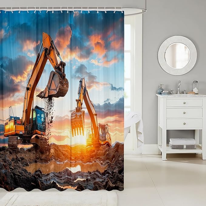 Feelyou Boys Car Bath Curtain Excavator Truck Shower Curtain for Kids Children Men Construction Vehicles Print Bathroom Shower Curtain Set Soft Heavy Machinery Cars Decor Waterproof 72"x84"