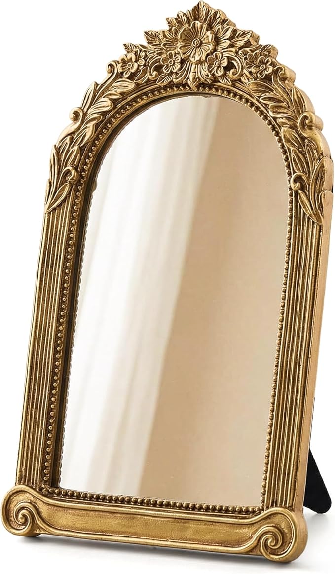 Small Gold Vintage Mirror for Desktop, 10" x 7" Antique Tabletop Vanity Mirror with Stand, Ornate Embossed Decorative Makeup Mirror for Dresser, Bedroom Aesthetic Room Decor