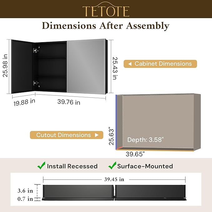 TETOTE 40 x 26 Bathroom Mirror with Storage with Tempered Beveled MirrorBlackMedicine Cabinet Aluminum Cabinet DTC Hinges, Stepless Adjustable Shelves, Recessed/Surface-Mounted