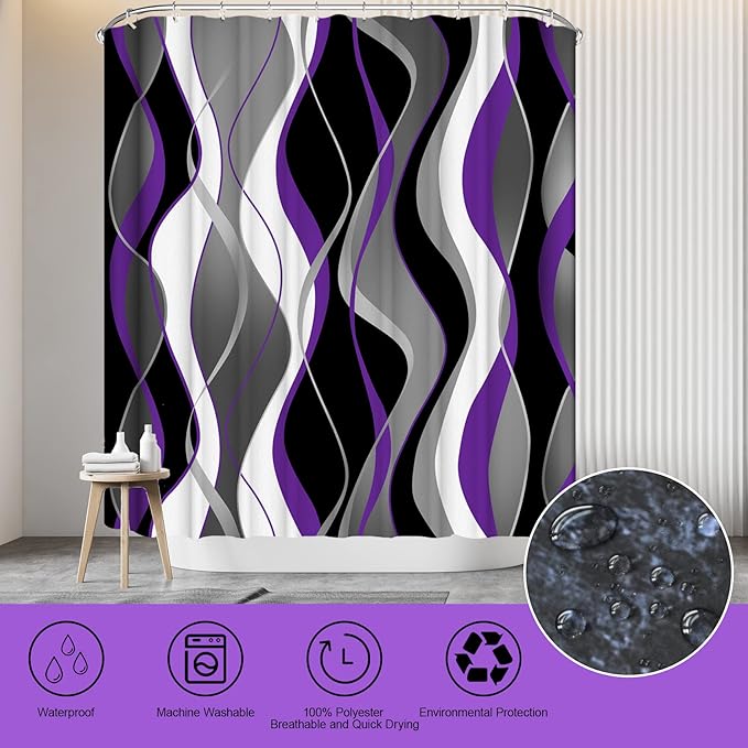 beifivcl 4Pcs Purple Shower Curtain Sets with Non-Slip Rugs, Toilet Lid Cover and Bath Mat, Black and Gray Bathroom Decor Set Accessories Fabric Waterproof Shower Curtains with 12 Hooks, 72 x 72 Inch