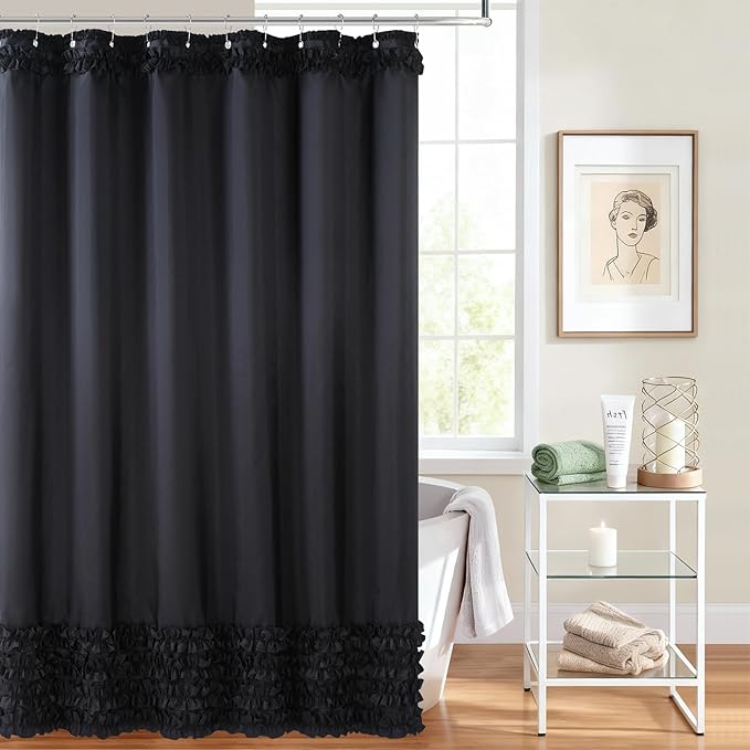 Black Ruffle Shower Curtain, Girls Women Fabric Shower Curtain with Delicate Handcrafted Ruffles, Waterproof Ruched Farmhouse Decorative Bathroom Curtain, 72" W x 72" H
