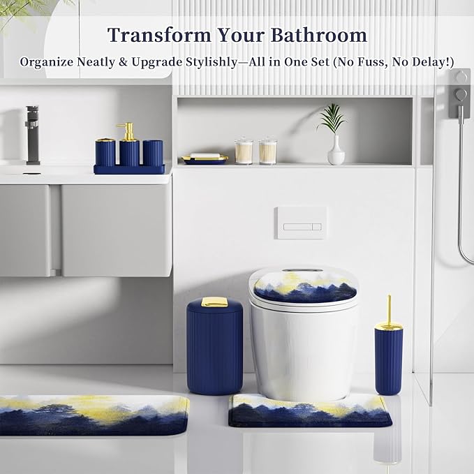 Navy and Gold Bathroom Accessories, Bathroom Sets with Shower Curtain and Rugs, Bath Rugs Accessory Set with Bathroom Trash Can, Soap Dispenser, Soap Dish for Home Decor