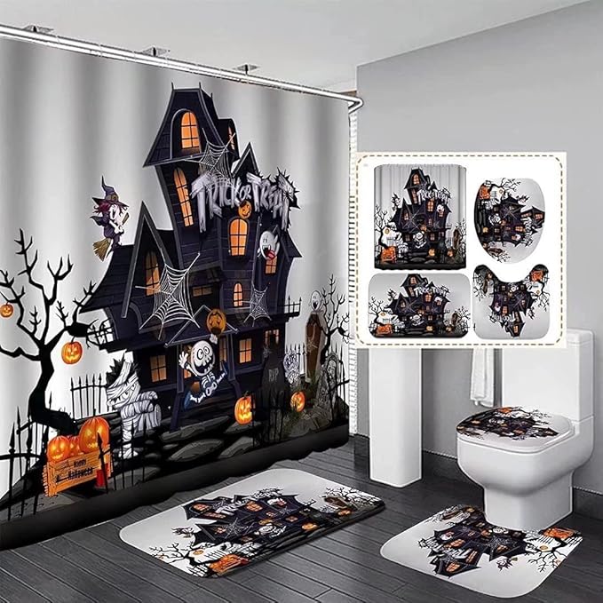 NBVKO Halloween Pumpkin Waterproof Shower Curtain,with Non-Slip Rugs,Toilet Lid Cover and Bath Mat,Bathroom Shower Decor Accessory Set