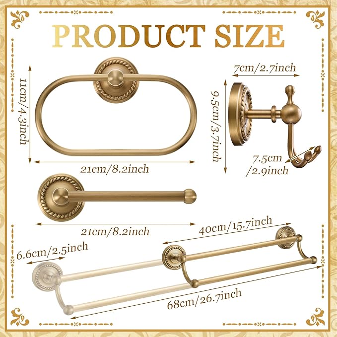 4 Pcs Antique Brass Gold Bathroom Accessories Set Wall-Mounted Towel Rack & Towel Ring & Toilet Paper Holder & Robe Hook, Wall Mounted Brass Vintage Bath Hardware Fixture Set(Double)