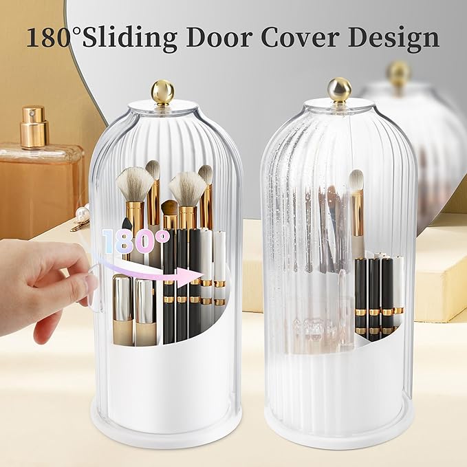 Makeup Brush Holder Organizer, 360 Rotating Makeup Brush Holder, Dustproof Waterproof Material & with 3 Compartments for Organized Storage, Dressing Tables Clear Storage Skincare Cosmetic (White)