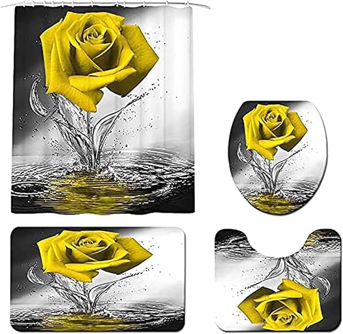 Yellow Rose Bathroom Sets with Shower Curtain and Rugs Water Yellow Rose Shower Curtain Set with Non-Slip Rugs,Bath Mat,Toilet Lid Cover and 12 Strong Hooks,Modern Style Shower Curtain for Bathroom