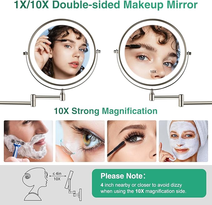 GREENFROM Rechargeable Wall Mounted Makeup Mirror Brushed Nickel, 8.5'' Magnifying Mirror with Lights Double-Sided 1X/10X 360° Rotation Extension Bathroom Shaving Mirror with Foldable Arm