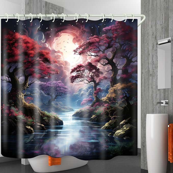 Shower Curtains, with Forest and River Themed Bright Colors, Brings A Unique Artistic Atmosphere to The Bathroom. The 72x72 Inch Fabric Shower Curtain Comes with 12 Hooks.