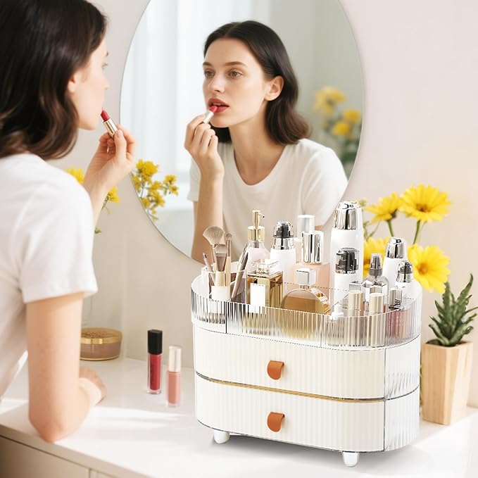 Makeup Organizer Countertop with 2 Drawers and 1 Clear Tray Stackable Skincare Cosmetics Storage Box for Vanity and Bathroom Countertop