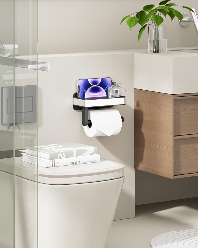 Kitsure Toilet Paper Holder with Shelf - Adhesive & Screw Wall Mount Toilet Paper Storage, Matte Black Design for Bathroom Decor, Space-Saving for Washroom, RV, Black, 7.1" W