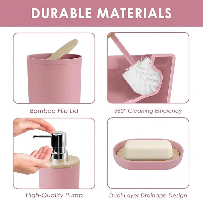 Pink Bathroom Decor and Accessories Set, Striped Shower Curtain and Rug Set with Trash Can, Soap Dispenser, Soap Dish, Toothbrush Holder, Toothbrush Cup, Toilet Brush